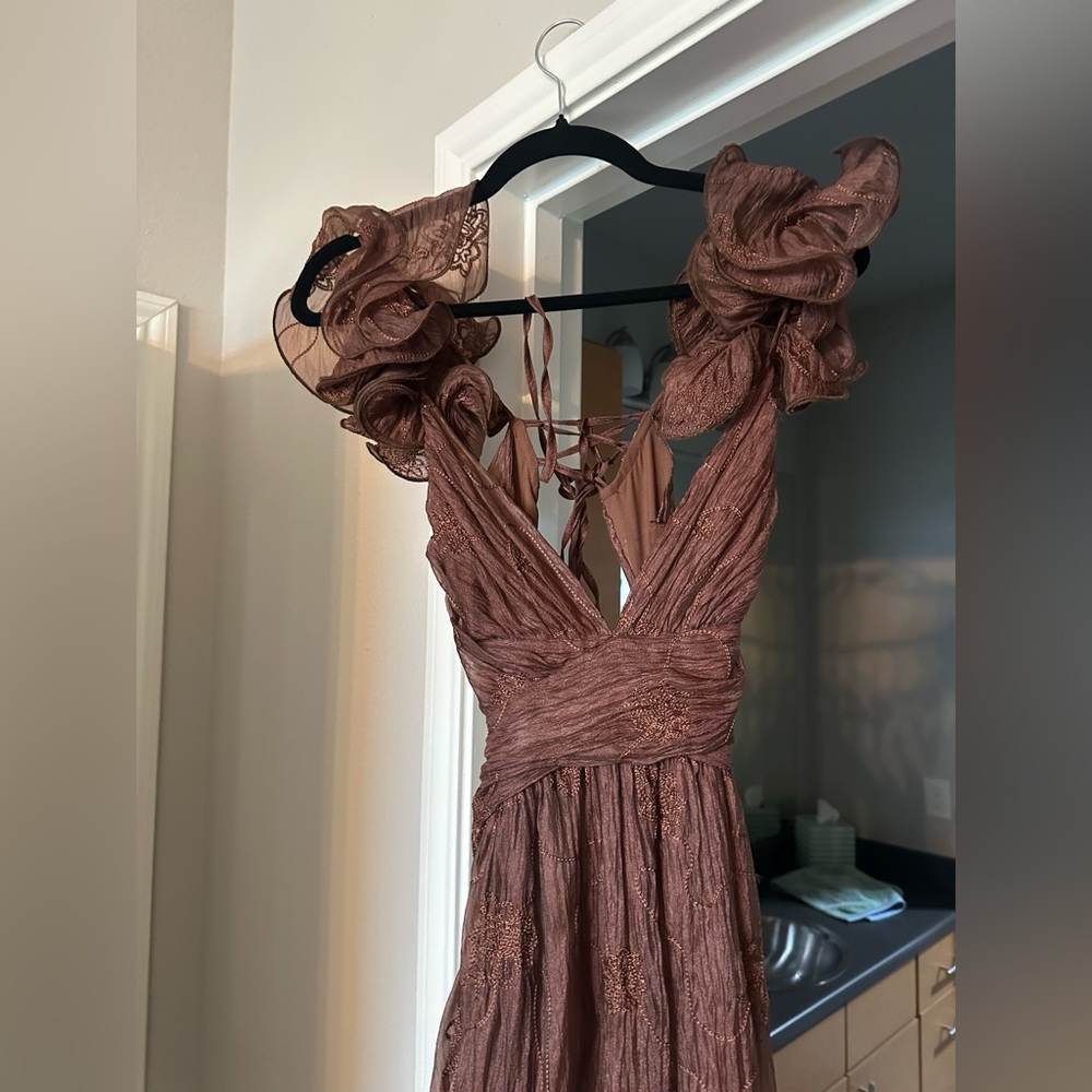 Vici Ruffled Brown Maxi Dress Medium